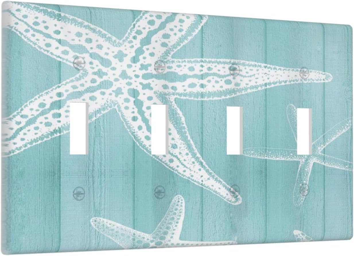 Decorative Light Switch Cover Plate Starfish Teal Wood Board Nautical 4 Gang Wall Plates for Electrical Outlets Quad Toggle Switch Plate Covers Outlet Covers Faceplate for Bedroom Home Decor