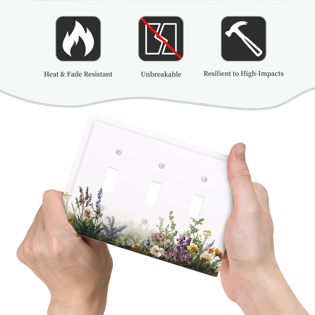 Decorative Light Switch Cover Plate White Background Colorful Flowers Plants Green Leaves 3 Gang Wall Plate Triple Toggle Switch Plate Covers Electrical Outlet Cover for Bedroom Home Decor