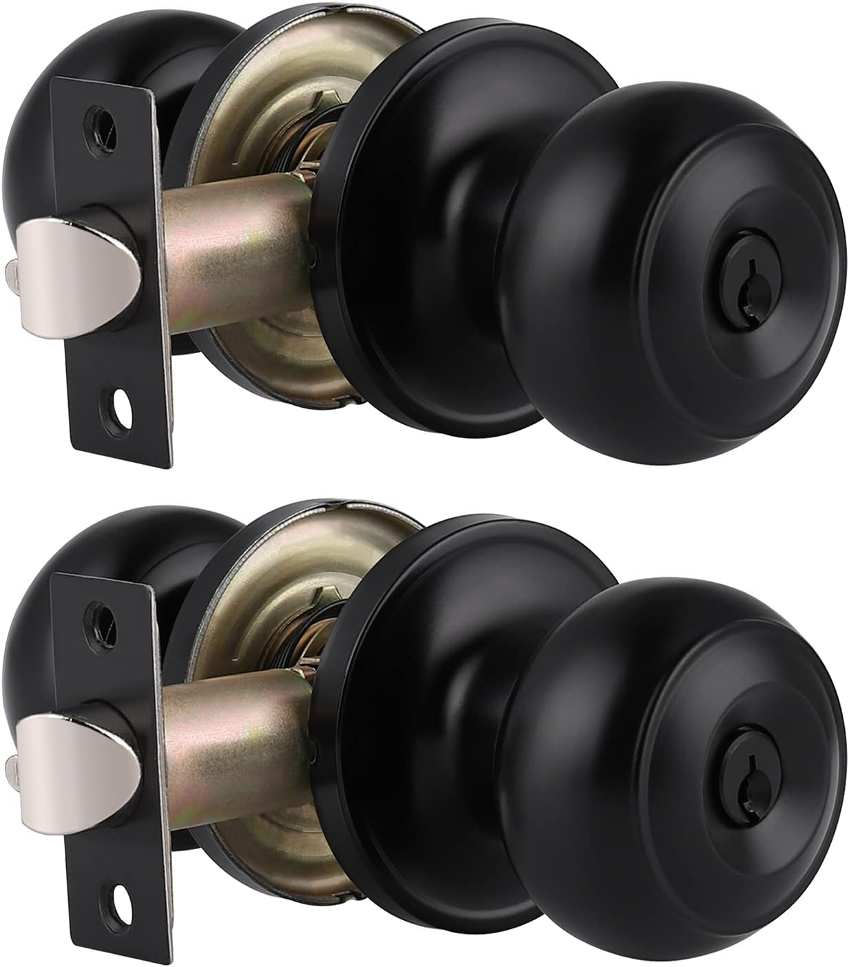 Gobrico 2 Pack Keyed-Alike Exterior Door Knobs with Key Matte Black Entry Door Knob Flat Ball Door Locksets with Same Key and Lock Front Door Knob