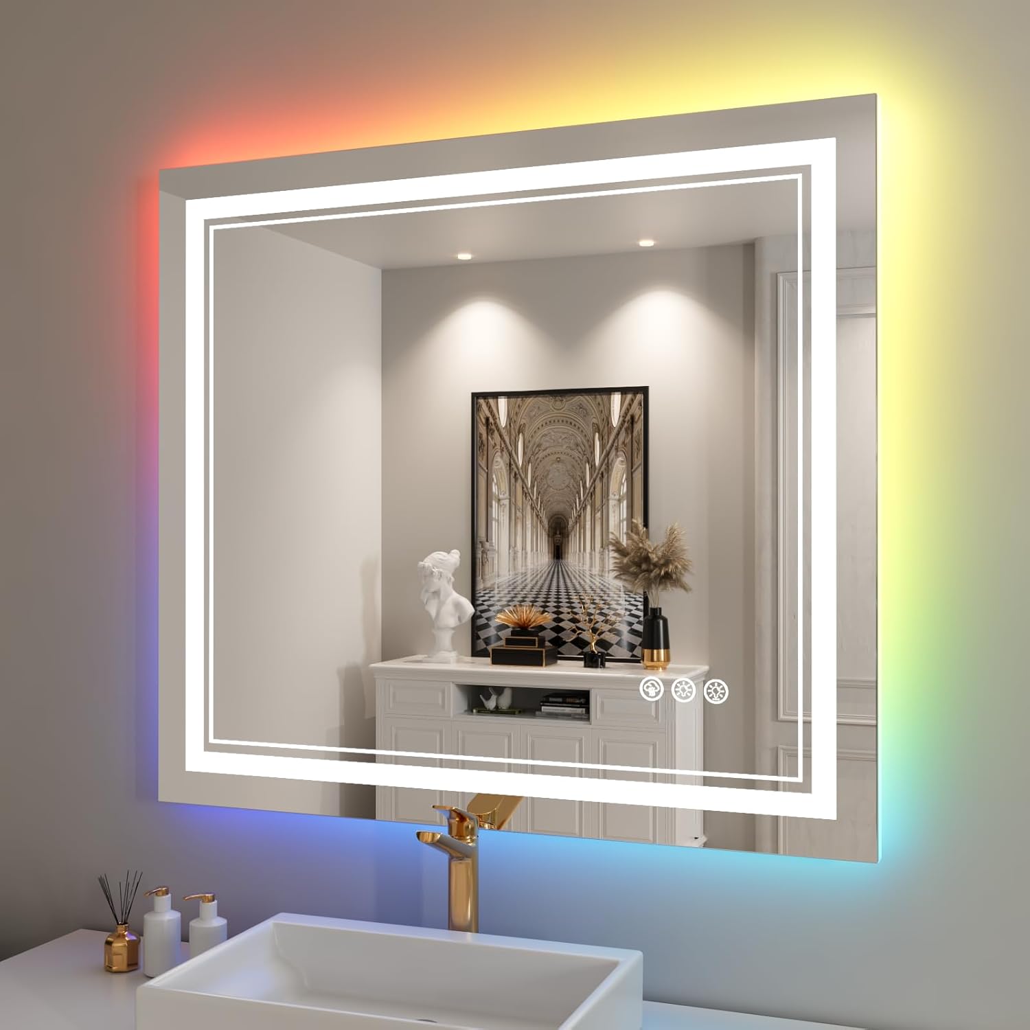 40x38 inch LED Bathroom Mirror with RGB Lights Color Changing Backlit Mirror Shatterproof Dimmable Anti-Fog Lighted Vanity Mirror (RGB Multicolor Backlit + Adjustable Front-Lighted)