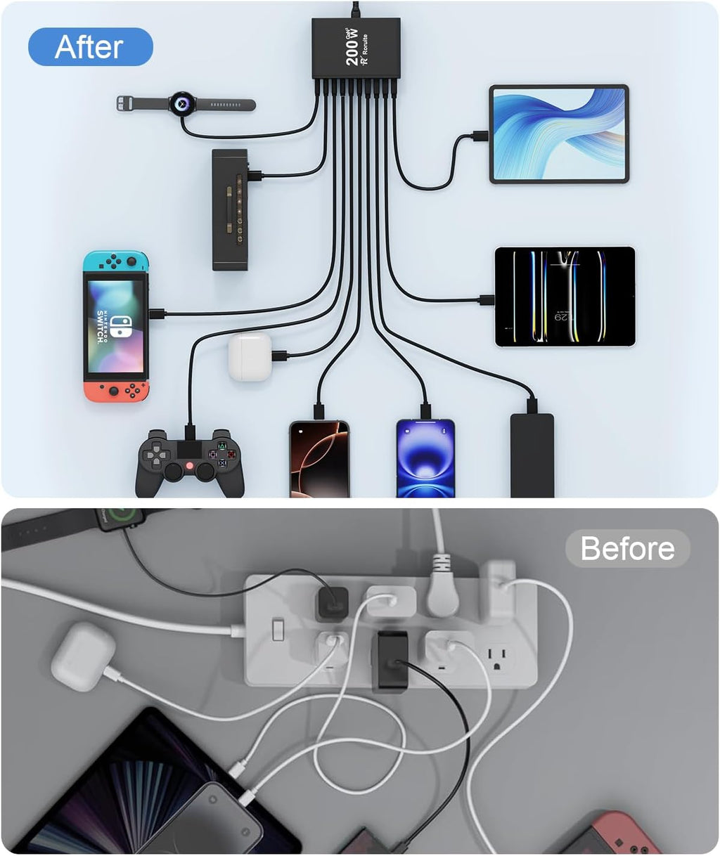 USB C Charging Station 10 Port with 4 USB Cables, 200W GaN Type C Charger Block, Wall Charger Power Strip Adapter Plug for iPad iPhone17 16 15 14 13 12 Pro Max Pixel Note Galaxy