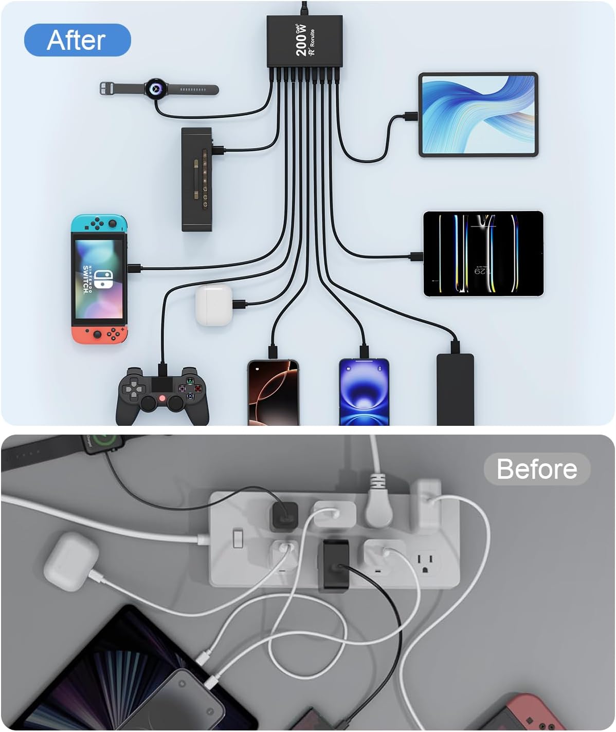 USB C Charging Station 10 Port with 4 USB Cables, 200W GaN Type C Charger Block, Wall Charger Power Strip Adapter Plug for iPad iPhone17 16 15 14 13 12 Pro Max Pixel Note Galaxy