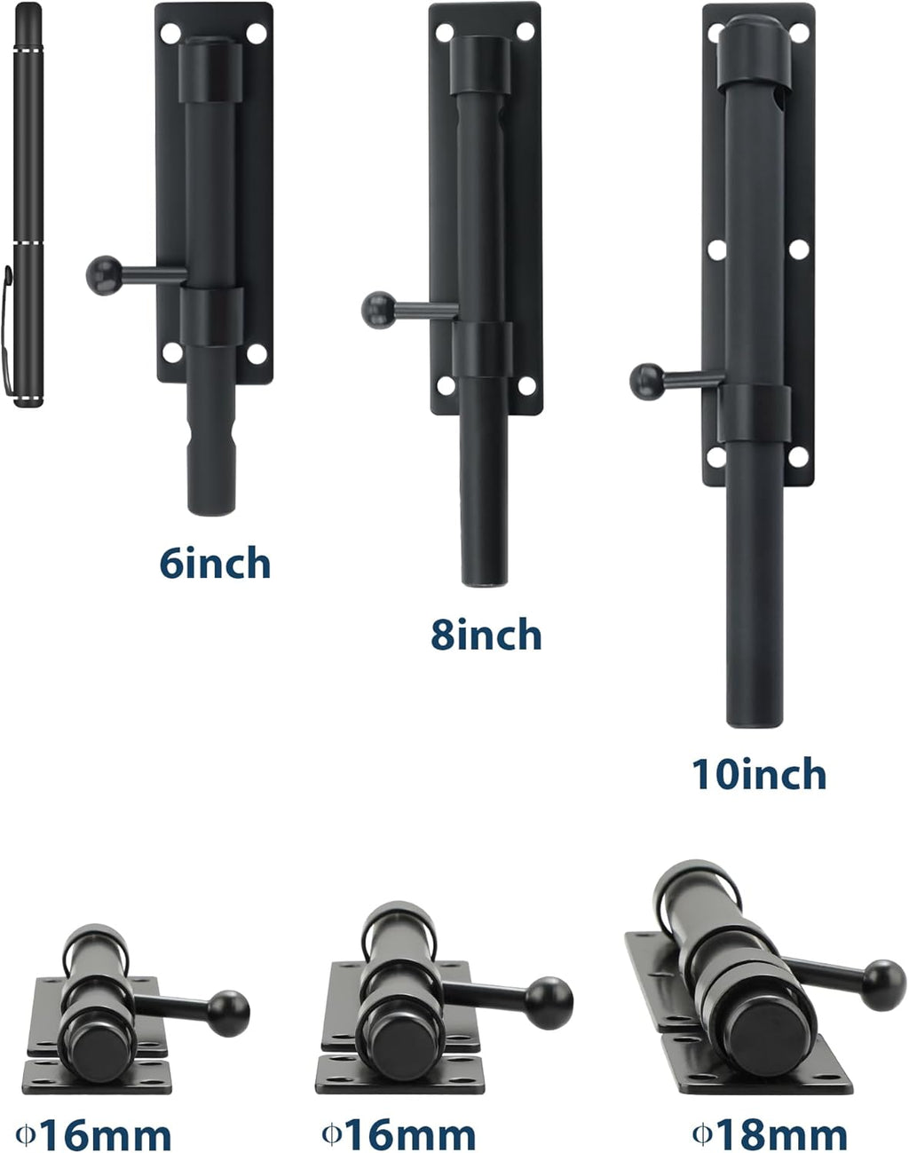 Alise 10 inch Barrel Bolt Latch,Slide Bolt Latch,Heavy Duty Solid SUS304 Stainless Steel Slide Lock for Wooden Fence,Barn Door,Interior or Outdoor Door Matte Black MS9200-B