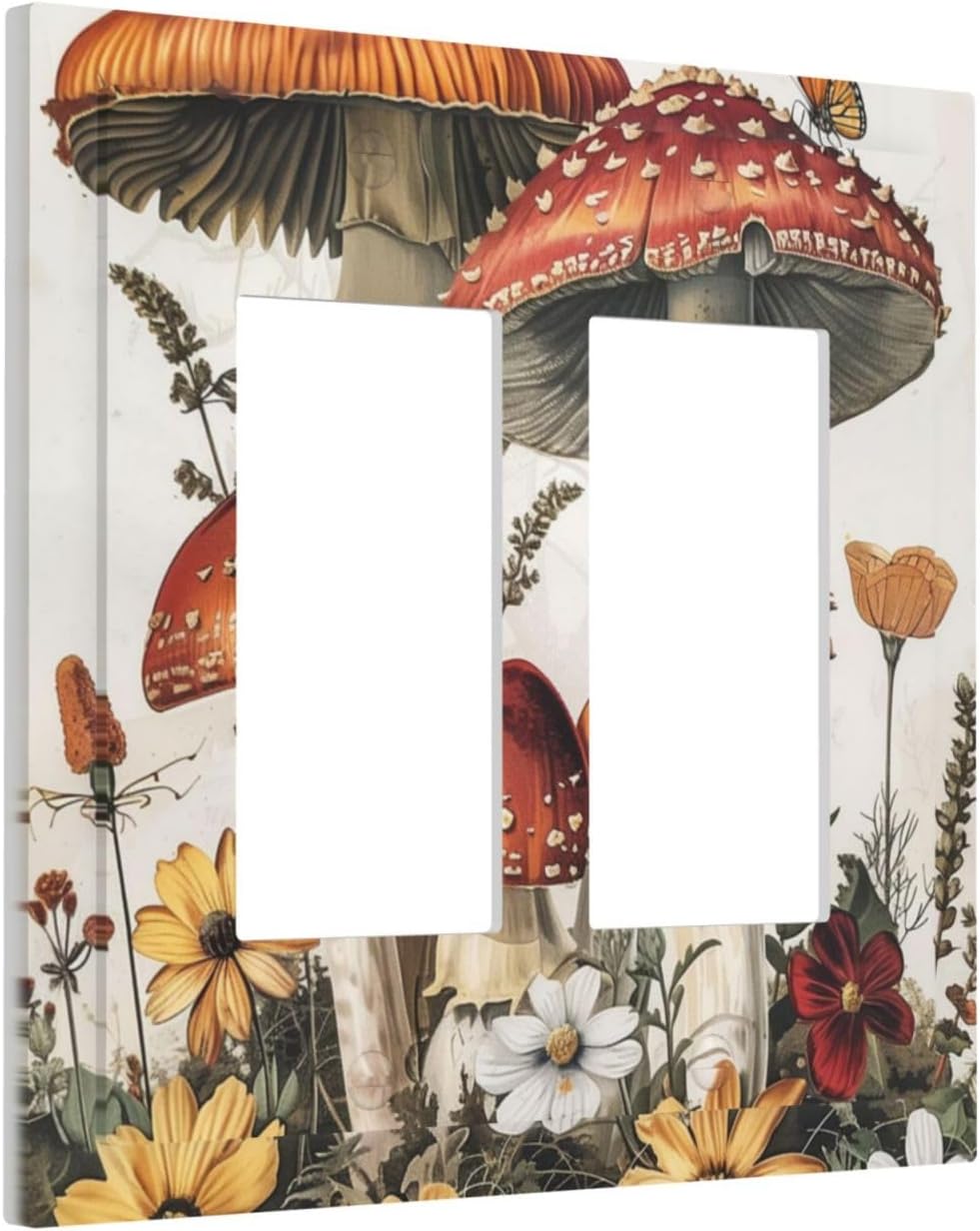 Decorative Outlet Covers Mushroom Forest Butterfly Wild Flower 2 Gang Double Gfci Rocker Electrical Wall Panels Light Switch Cover Plate For Bed Room Living Room Decor