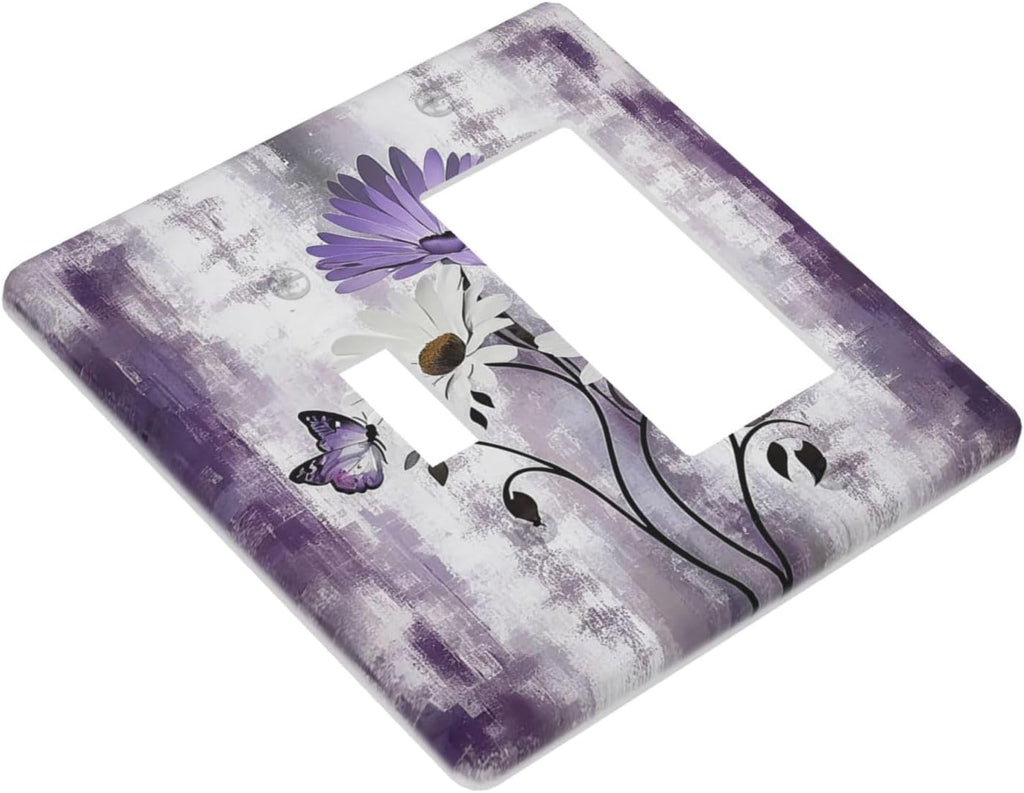 Purple Daisy White Floral Butterfly Flowers 2 Gang Combo 1 Toggle 1 Rcoker Light Switch Covers Decorative Switch Plates Electrical Switch Plates and Outlet Covers for Home Art Decor 4.5 X 4.5 IN