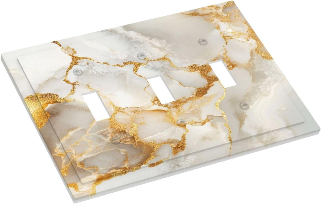 Gold Marble Crack Simple Abstract Print Decorative Switch Plates 3 Gang Wall Plate Triple Toggle Light Switch Cover Faceplate Electrical Wall Panels for Bathroom Kitchen Home Decor