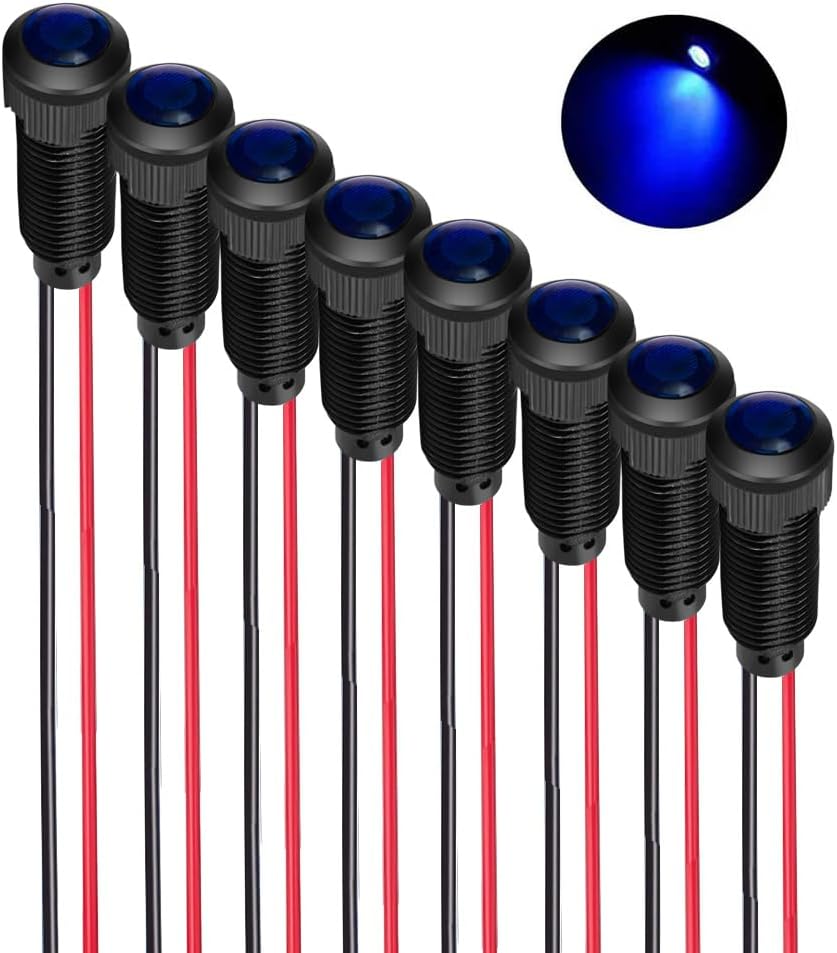 8pcs Blue LED Indicator Pilot Light AC/DC 12-24V Mounting Hole Size 8mm(Flame Retardant Plastic Shell)