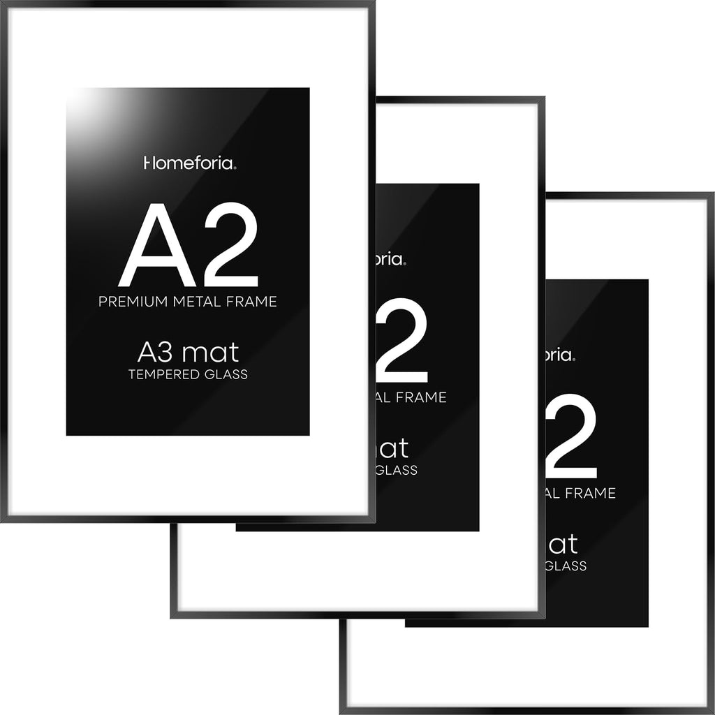 Homeoforia A2 Picture Frame Black, High End Metal 16.5 x 23.5 inch Poster Frames with Mat 11.7 x 16.5 for Photo, A2 Size Frame Matted to A3 Print, 16.5 by 23.4 Hanging Frames, Tempered Glass, Set of 3