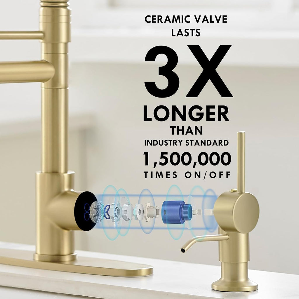 AIMADI Gold Kitchen Faucet with Soap Dispenser,Commercial Single Handle Pull Down Kitchen Faucets with Sprayer,Brushed Gold