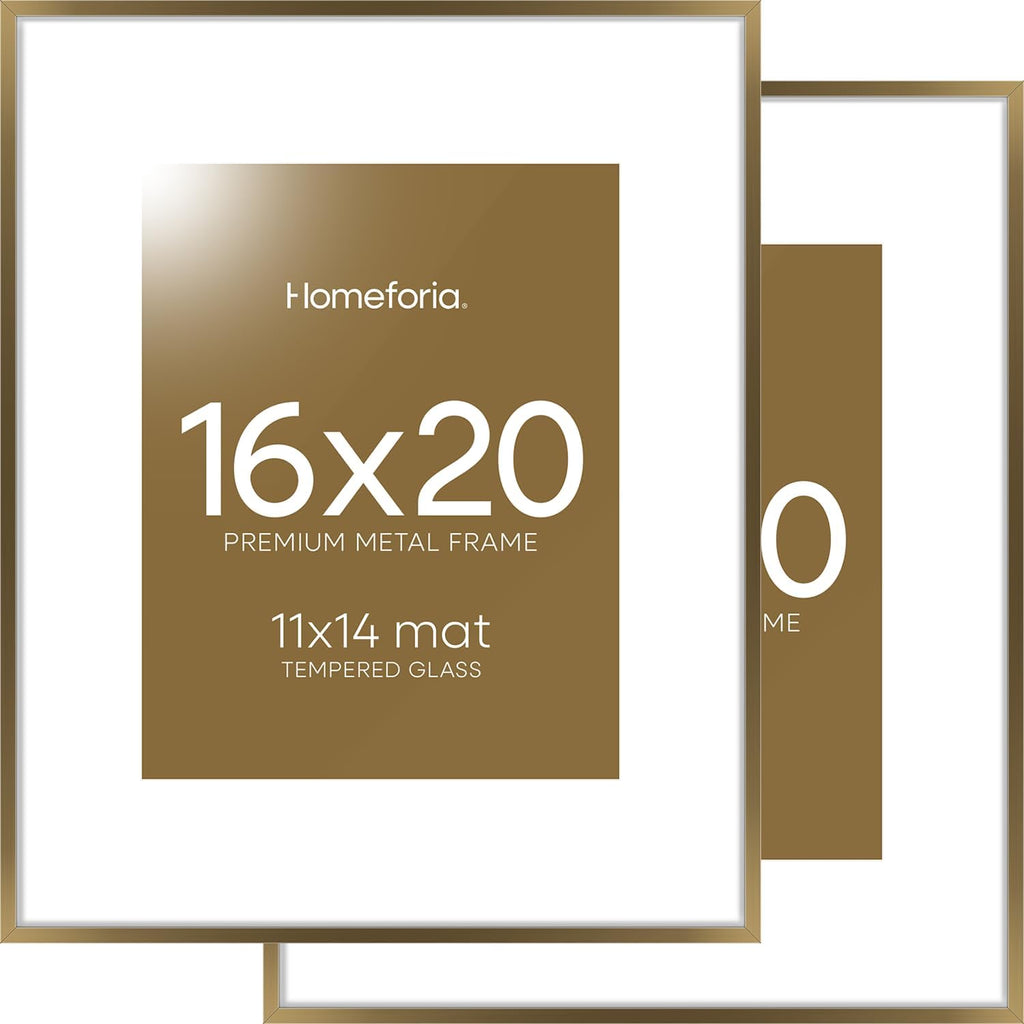 Homeforia Picture 16x20 Bronze Frame, High End Metal 16x20 Brass Poster Frames with Mat 11x14 for Photo, 16 x 20 Frame Matted to 11 by 14 Print, 20x16 Hanging Frames, Tempered Glass, Wall Kit, Set of 2