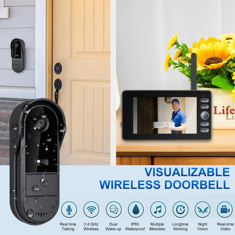 Door Bell Camera Wireless No Subscription with Monitor for Apartment, Timbre con Camara 1080P No App/WiFi Needed, Video Intercom 2-Way Talk,Waterproof Door Bell with Recording & Night Vision