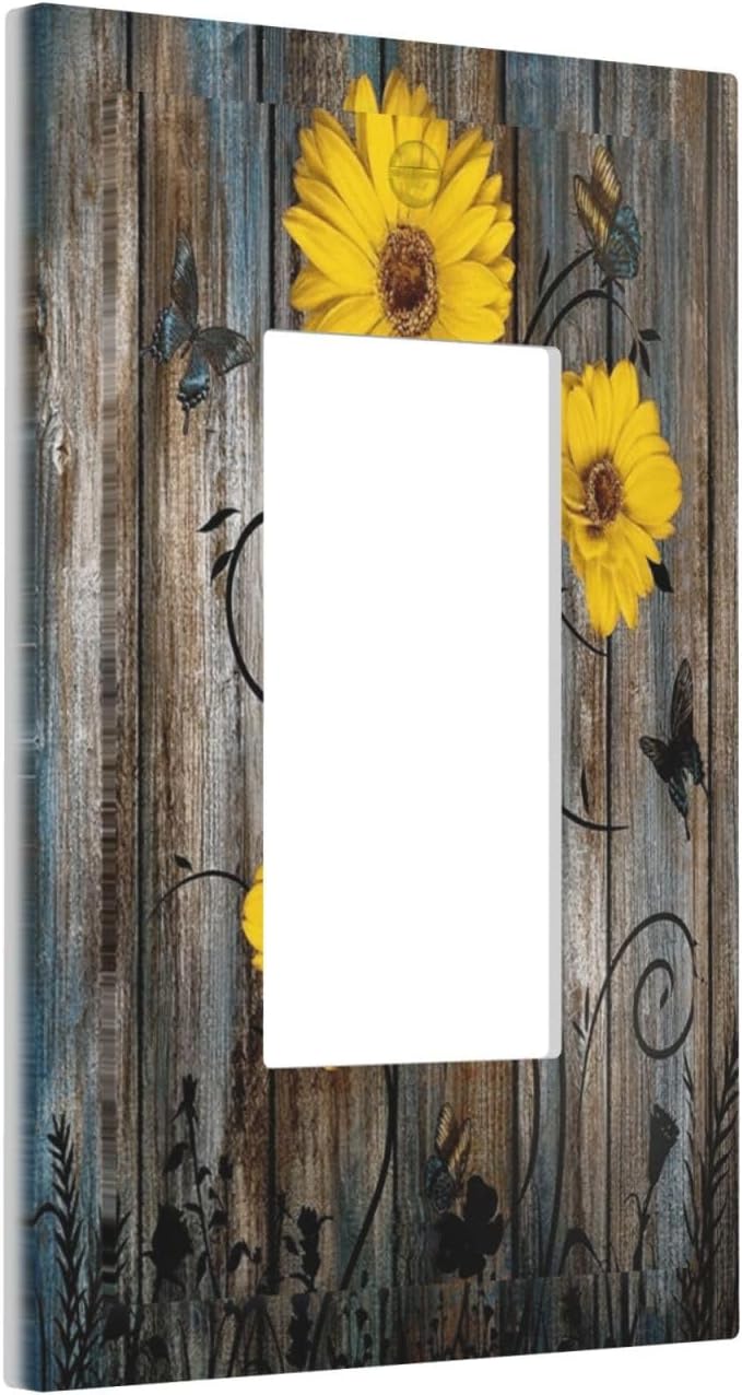 Rustic Barn Sunflower Wooden Daisy Flower Plank Decorative Outlet Covers 1 Gang Single Rocker Light Switch Cover Plate Wall Plates GFCI Faceplate for Farmhouse Home Decor