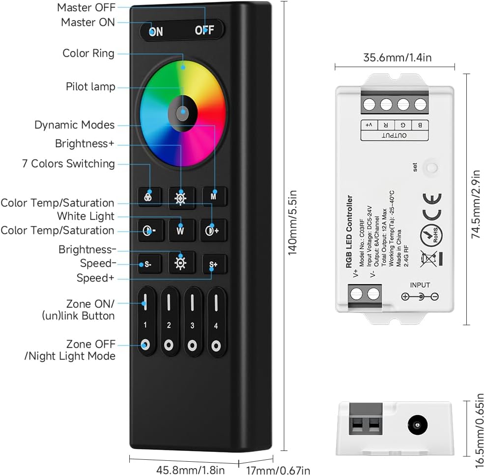 COB RGB RF 2.4GHz Wireless Remote RC03RFB & C03RF Tuya Controller Kit, 4 Zones Group Control PWM RGB (+ R G B) 4pin LED Strip Controller DC5V DC12V DC24V Max 12A