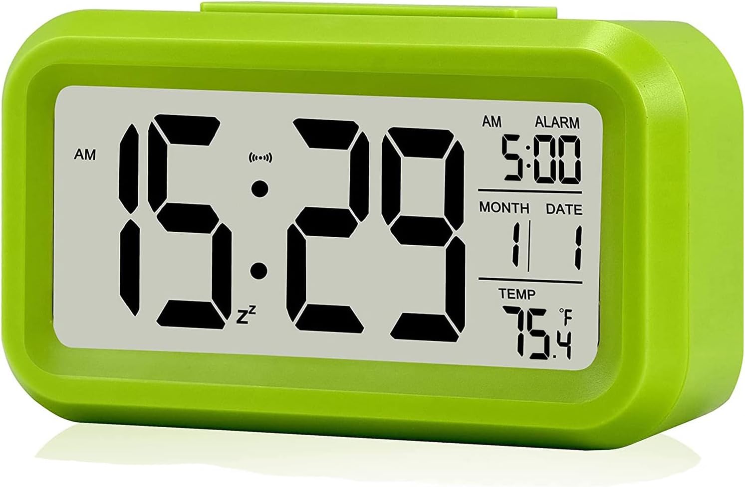 Digital Alarm Clock with LCD Display, Desk Smart Electronic Small Clock with Indoor Temperature, Date, Light Sensor, Backlight, Battery Operated, for Home Bedroom Kids Office (Green)