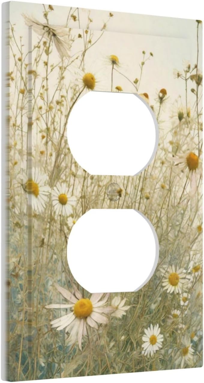 White Wildflowers Daisy Vintage Floral Outlet Covers 1 Gang Duplex Light Switch Cover Decorative Switch Plates Electrical Receptacle Faceplate Wall Plate for Bed Room Living Room Decor