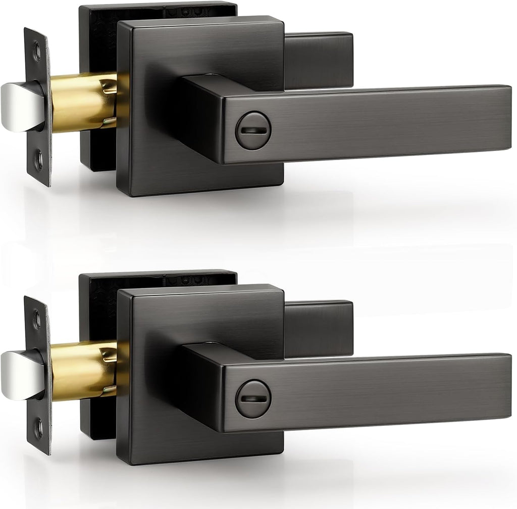 Probrico Privacy Gunmetal Black Door Handles for Bedroom Bathroom, 2 Pack Grey Interior Reversible Lever with Lock