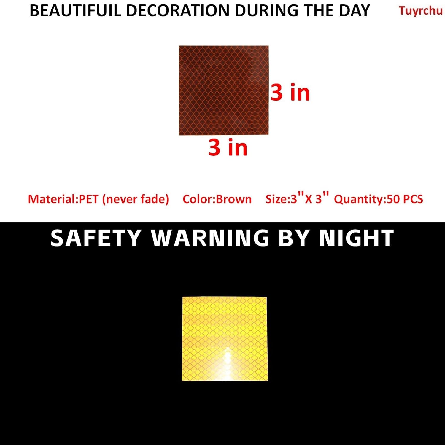 Non Fading Brown Reflective Stickers 3 inch X 3 inch, Outdoor Waterproof High Visibility Warning Safety Adhesive Reflector Tape (50 Pcs)