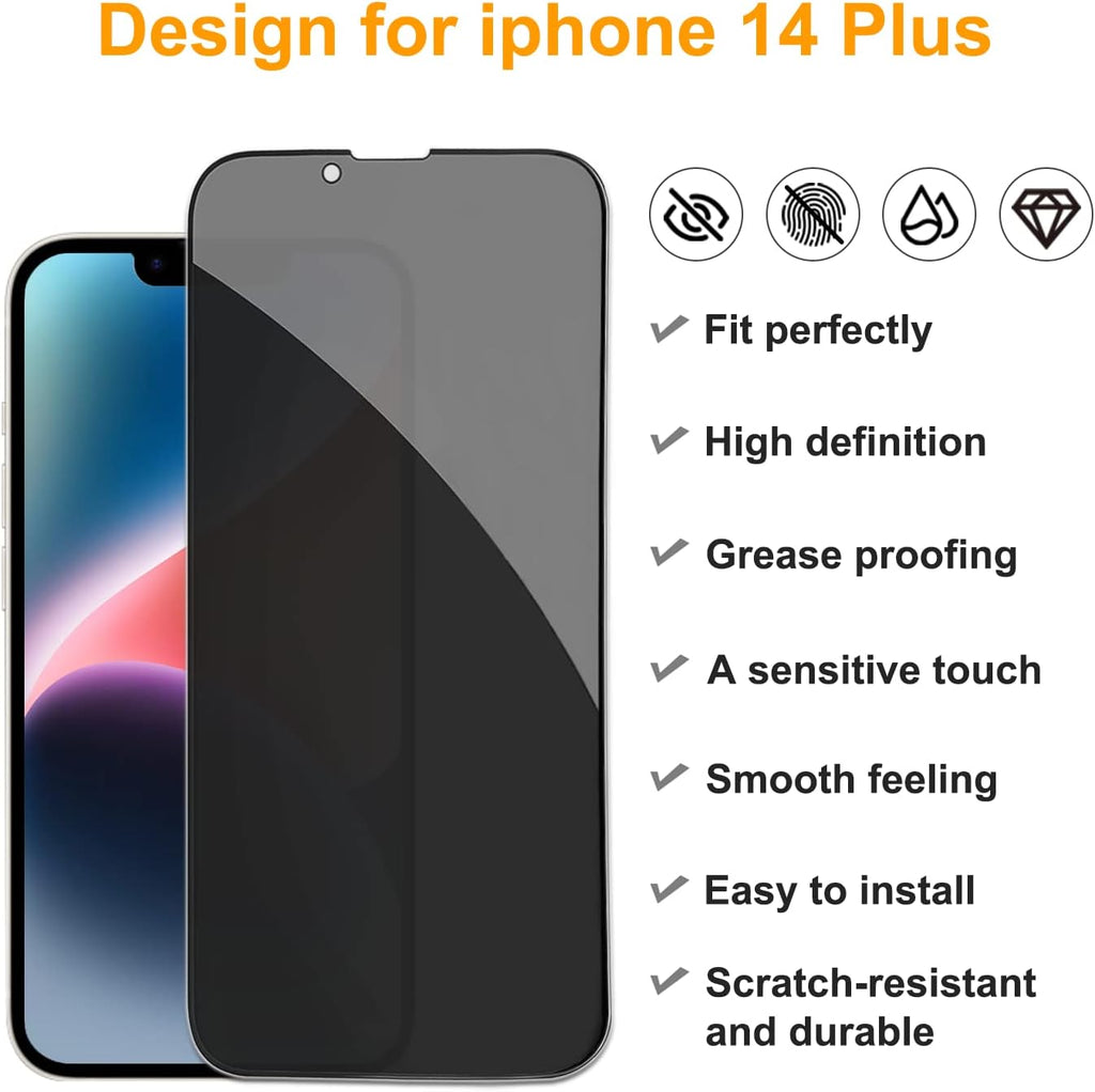 PEHAEL 2+2Pack for iPhone 14 Plus Privacy Screen Protector with Camera Lens Protector Full Coverage Anti-Spy Tempered Glass Film 9H Hardness Easy Installation Bubble Free [6.7 inch]