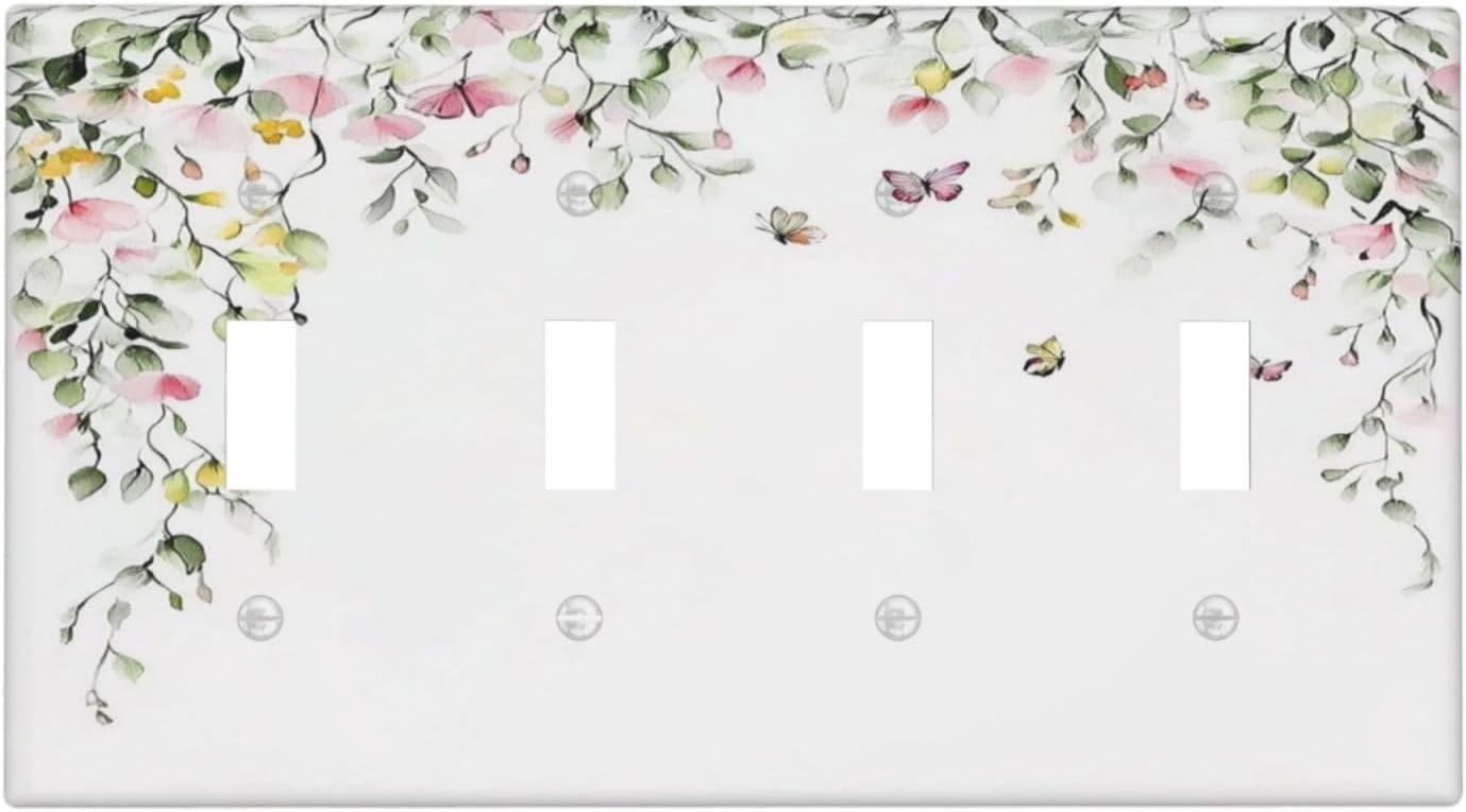 Watercolor Flowers Vine Colorful Butterfly Floral Light Switch Covers Quad Toggle Electrical Faceplate 4 Gang Wall Plate Decorative Switch Plates For Bed Room Living Room Decor