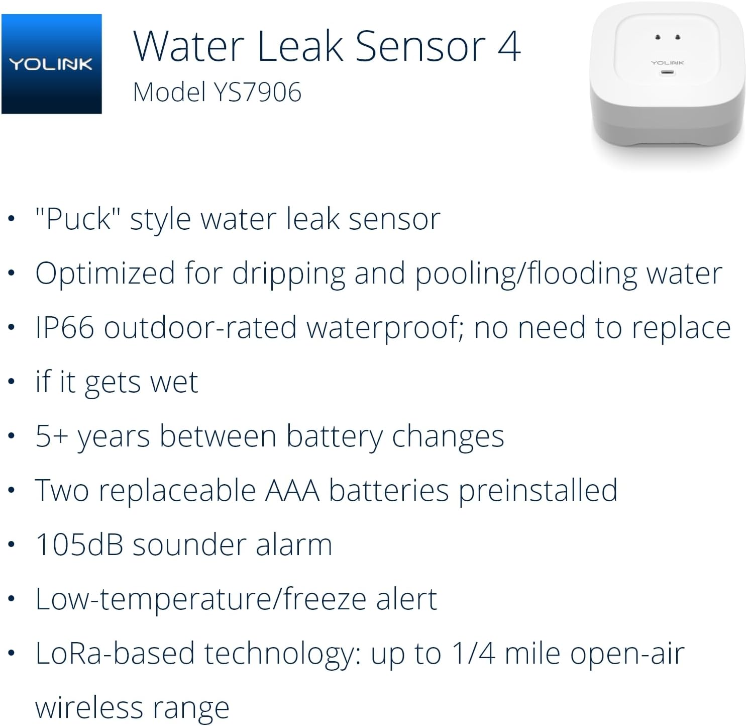 YoLink Water Leak Detector 4 with 105dB Audio Alarm, Freeze Warning, App Push, Email Alerts and Limited Text - Smart Water Sensor Alarm w/ Alexa, IFTTT - 1/4 Mile Long Range, Hub Required