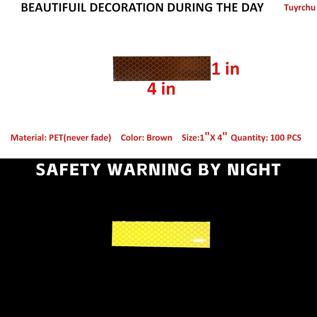 Non Fading Brown Reflective Stickers 1 inch X 4 inch, Outdoor Waterproof High Visibility Warning Safety Adhesive Reflector Tape (100 Pcs)