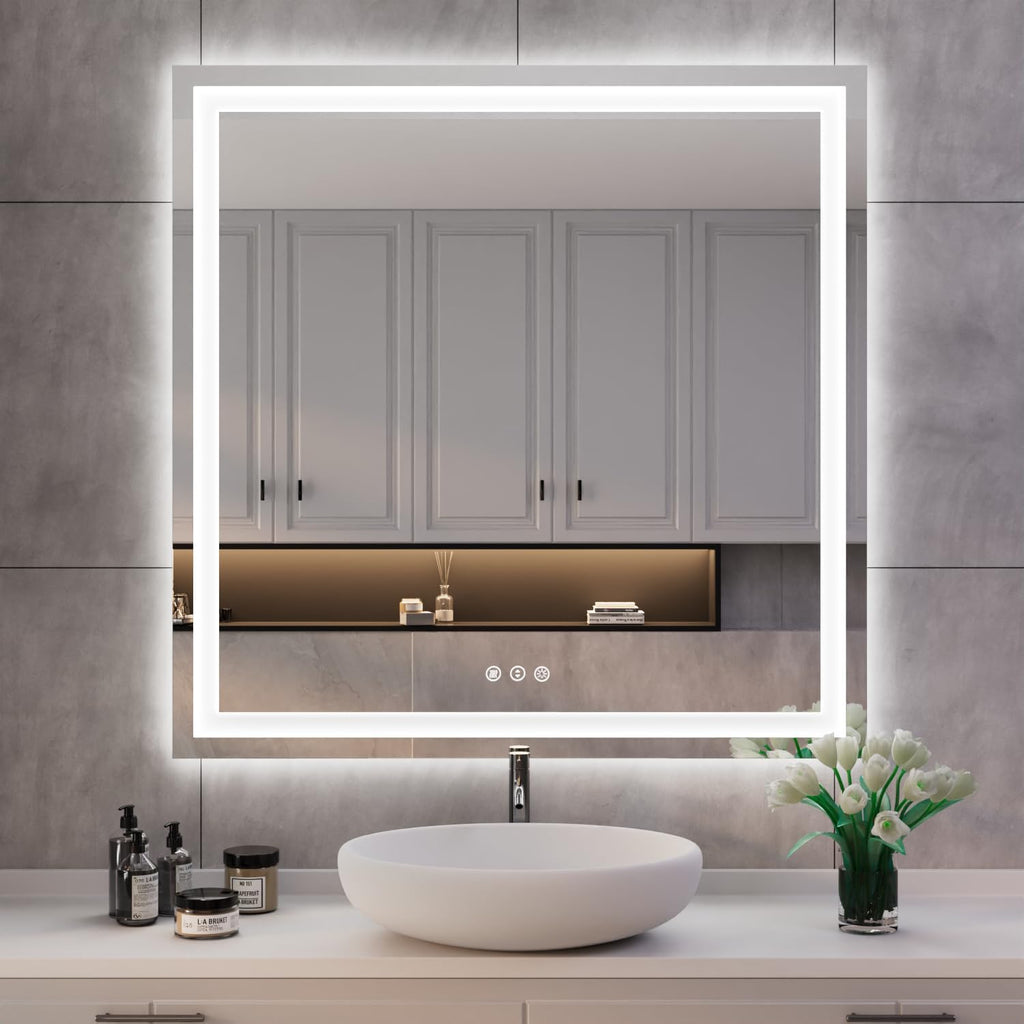 ISKM 38'' x 38'' LED Mirror for Bathroom Lighted Vanity Mirror for Wall Front Lights + Backlit LED Bathroom Mirror Anti-Fog Tempered Glass ETL Listed