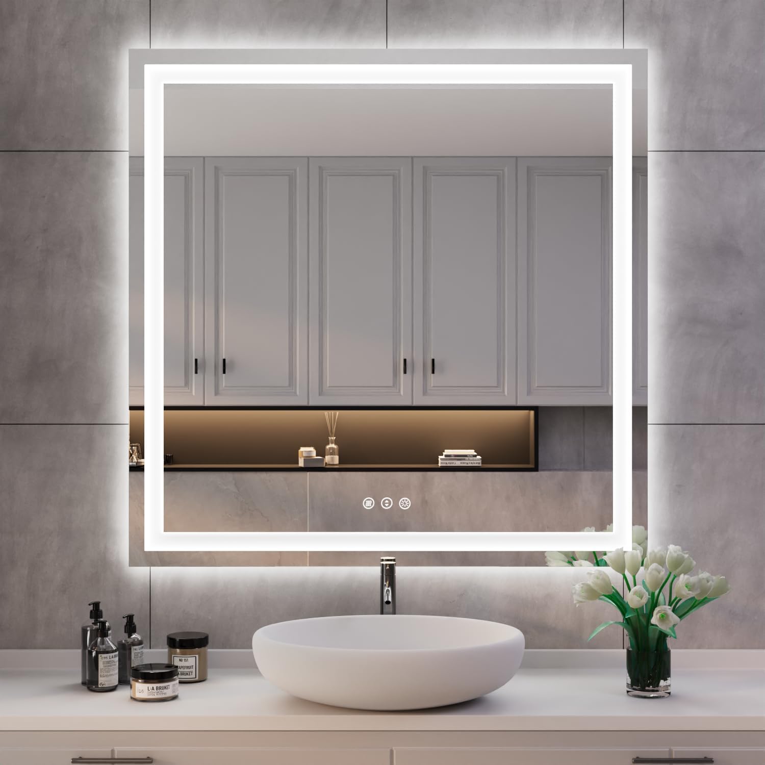ISKM 38'' x 38'' LED Mirror for Bathroom Lighted Vanity Mirror for Wall Front Lights + Backlit LED Bathroom Mirror Anti-Fog Tempered Glass ETL Listed