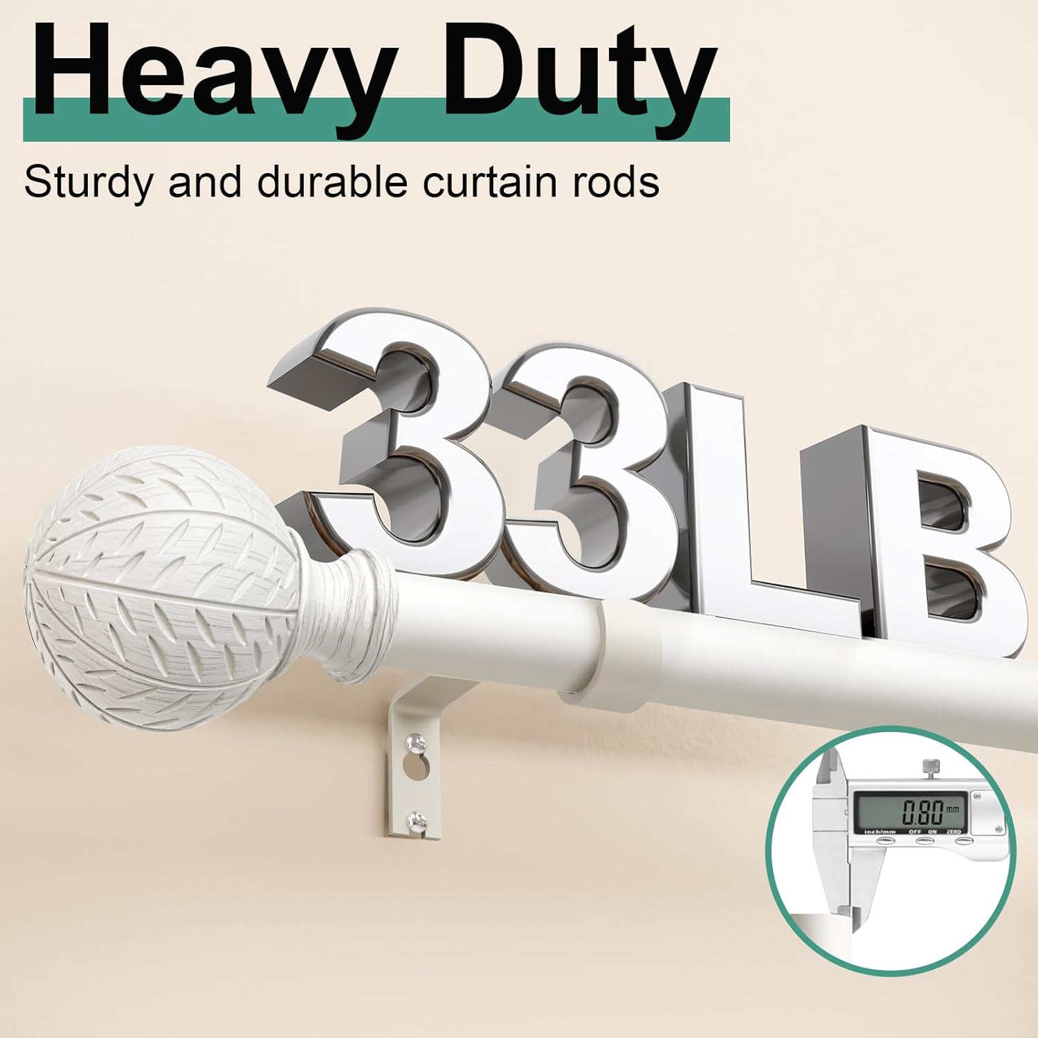 Antique White Ball Curtain Rods for Windows 28 to 48 Inch,1 Inch Heavy Duty Adjustable Curtain Rod,Boho Decorative Drapery Rods Set with Brackets,Size:18''-60''