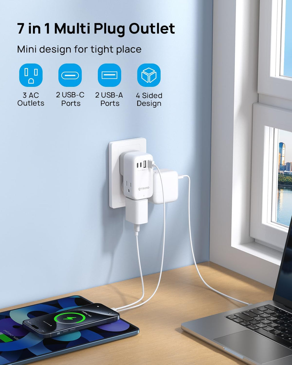 TROND Outlet Splitter with 360 Rotating Plug, 3 AC Plug Extender with 2 USB-C & 2 USB-A Ports, Additional Outlets off to Side, Useful Adapter with Rotating Design for Home Travel Cruise Essentials
