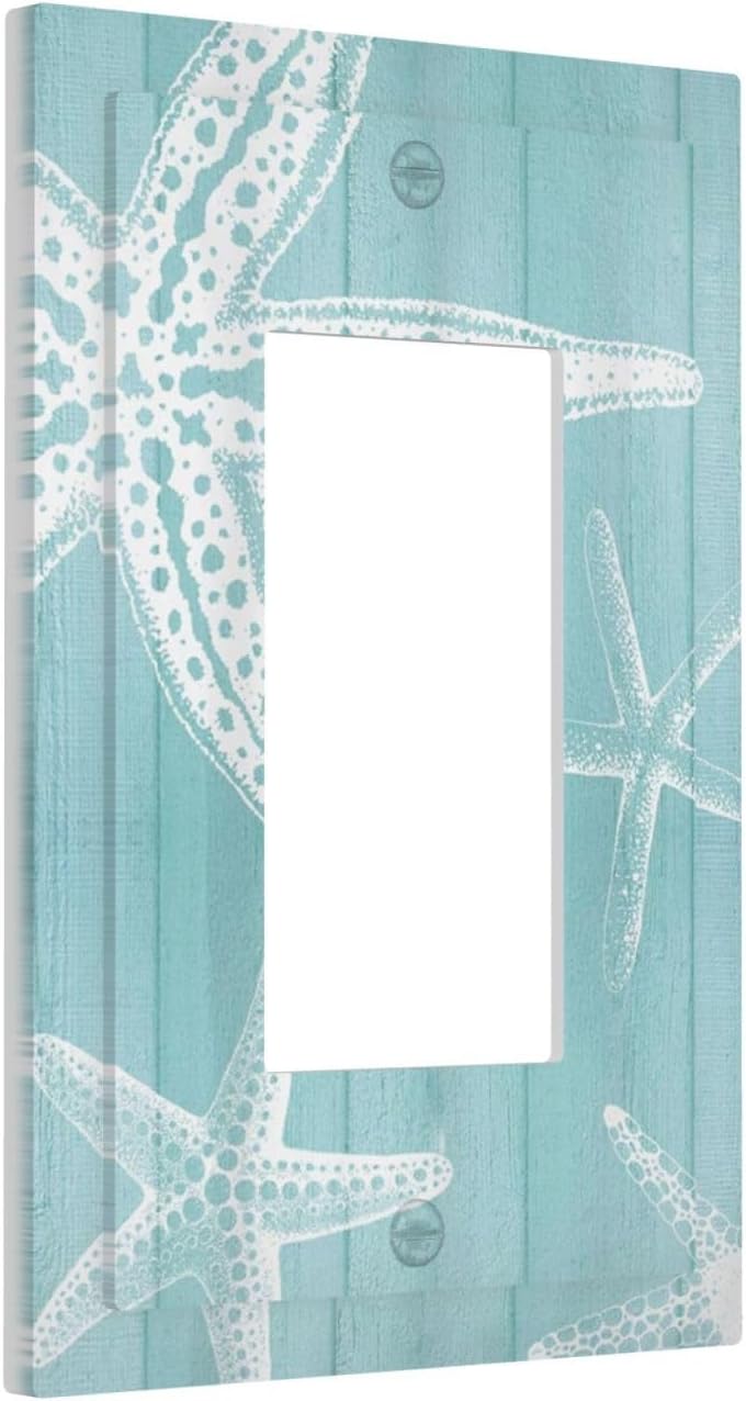 Decorative Outlet Covers Starfish Teal Wood Board Nautical 1 Gang Rocker Light Switch Cover Plate Single Wall Plates for Electrical Outlets Switch Plate Covers Faceplate for Bedroom Home Decor