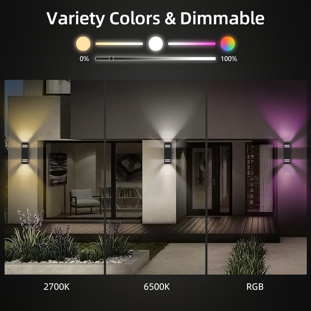 KIZON Modern Smart Porch Lights RGBCW, Dusk to Dawn Outdoor Lights Color Changing App Control with Remote, Dimmable WiFi Up and Down Lights Outdoor Sconce for House Theater Garage, ETL Listed, 2 Pack