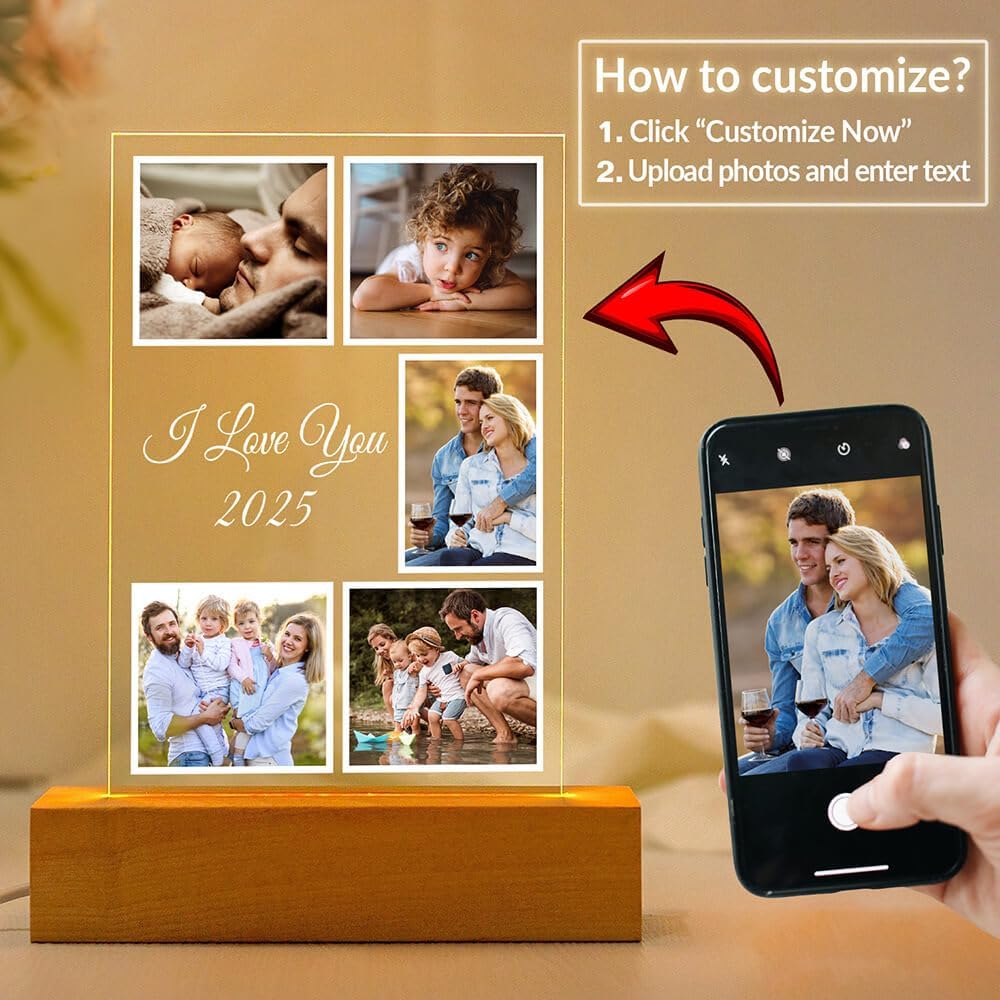 Custom Picture Frame with Photo, Customized Picture Frames with Night Light, Personalized Photo Frames, Personalized Valentines Day Gifts for Women Men Her Him Kid Baby Family Friend