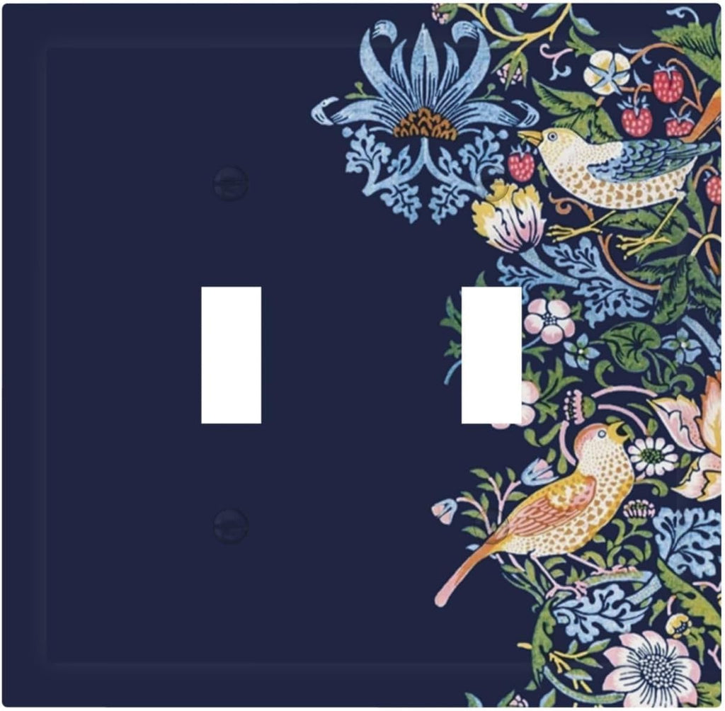 Decorative Light Switch Cover Plate Vintage Blue Morris Strawberry Thief Bird Flower 2 Gang Wall Plate Oversized Double Toggle Two Switch Wall Cover Plate Dual Faceplate