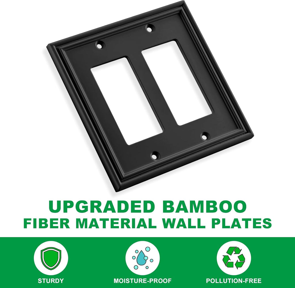 Black Modern Decorative Wall Plate Light Switch Cover Decorator Outlet Covers Rocker Switch Plates Bamboo Fiber Material Wall Plates for Kitchen Bathroom (2 Gang Double Decorator-2 Pack)