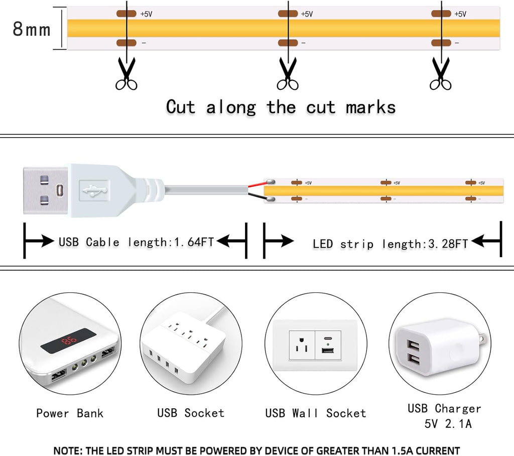 Short Led Strip Lights 5V USB LEDs Display Cabinet Lighting USB 8mm Small COB LED Strip Light 4000K Warm White Not Dimmable Flexible led for Home DIY TV Lights Indoor Use (3.28FT /1M)