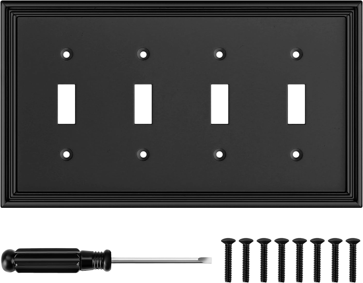 Black Modern Decorative Wall Plate Light Switch Cover Decorator Outlet Covers Rocker Switch Plates Bamboo Fiber Material Wall Plates for Kitchen Bathroom (4 Gang Quad Toggle-1 Pack)