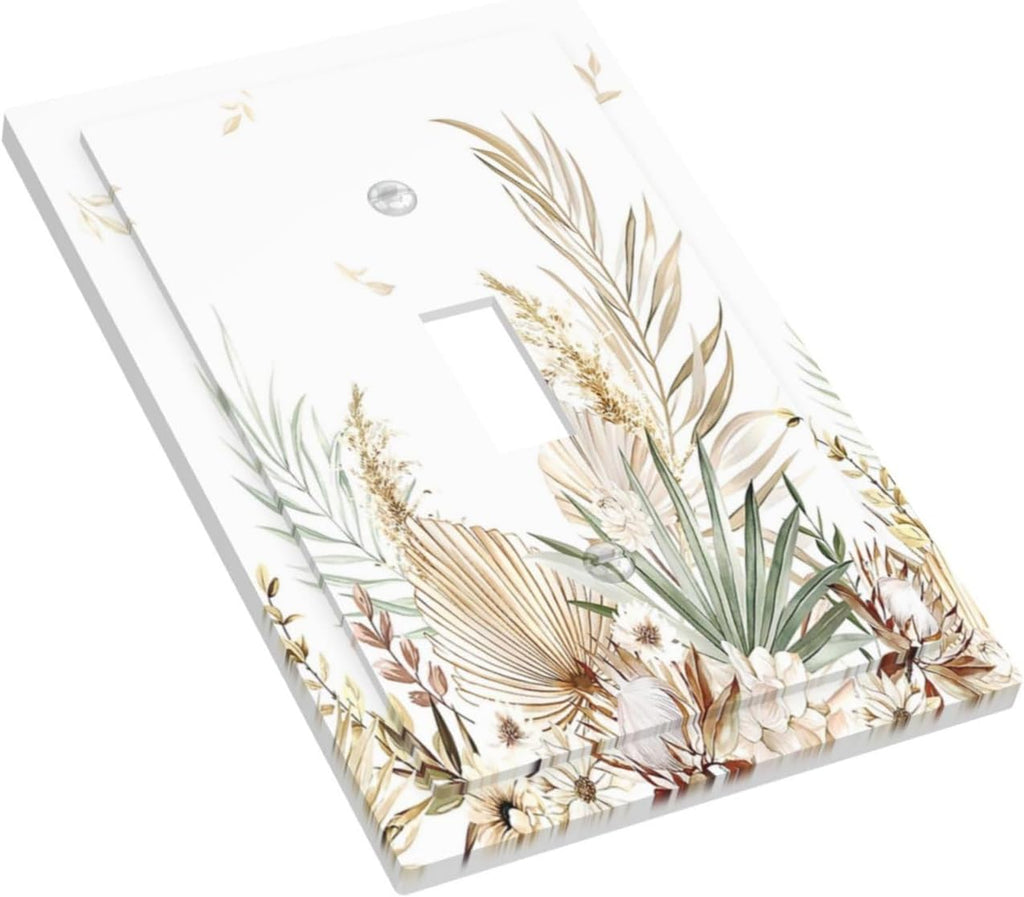 Decorative Light Switch Cover Boho Leaves Watercolor Tan Leaf Floral Plant 1 Gang Single Toggle Decorator Outlet Wall Plate Device Electrical Faceplate Switchplates for Bedroom Home Decor