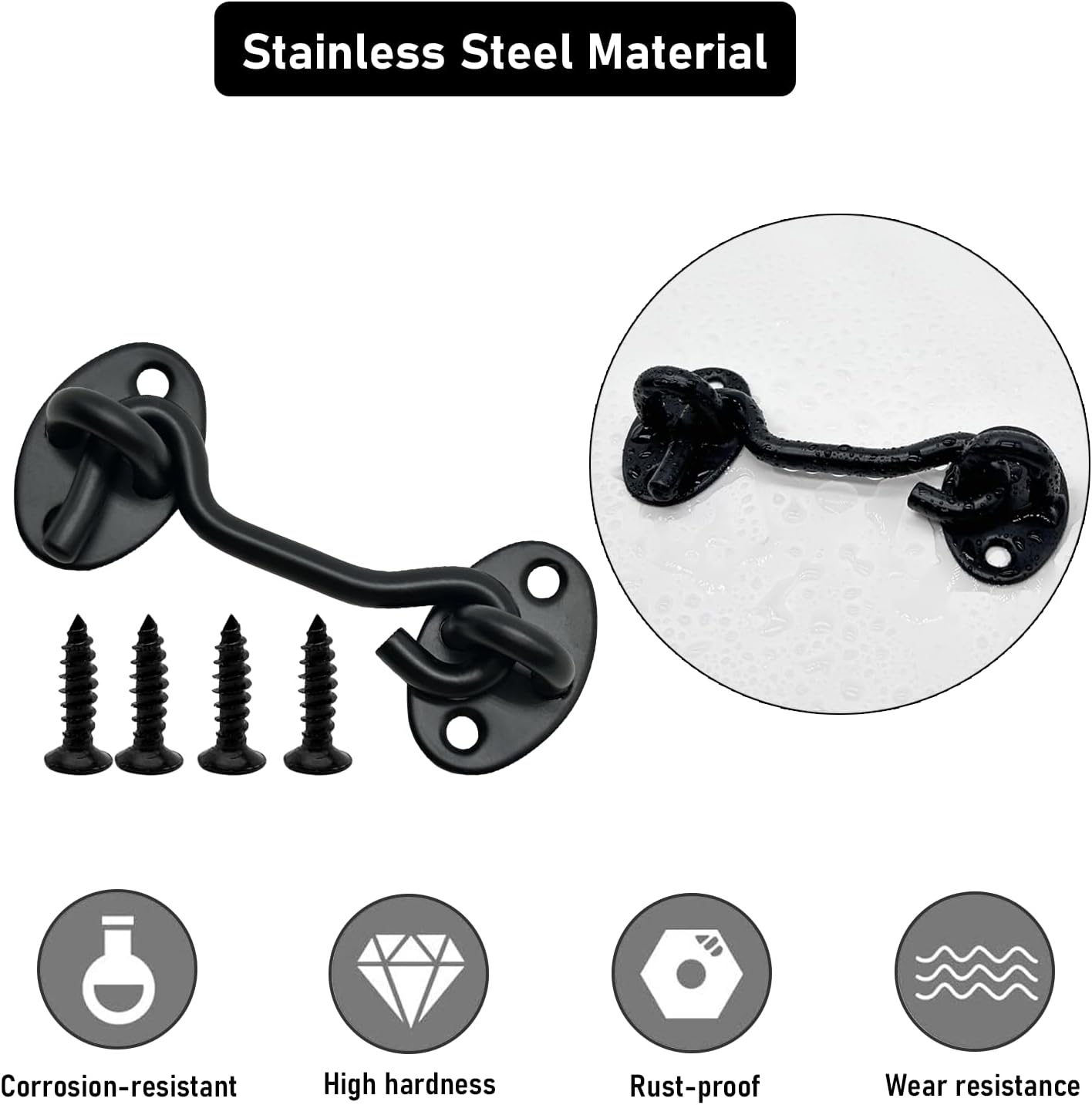 4-Pack 6Inch Door Lock Gate Latch Premium Stainless Steel Hook and Eye Gate Latch Cabin Hook with 16pcs Screws, Black