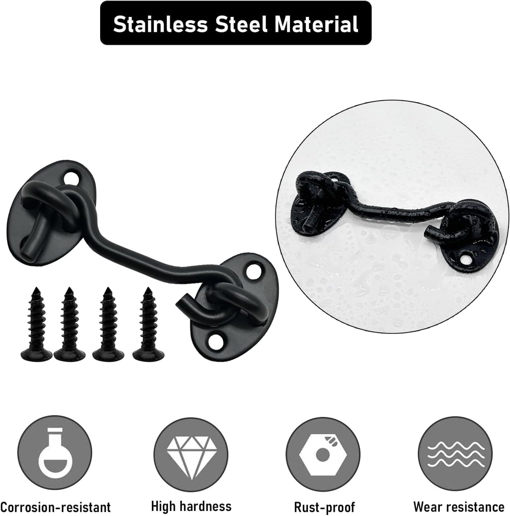 4-Pack 3Inch Door Lock Gate Latch Premium Stainless Steel Hook and Eye Gate Latch Cabin Hook with 16pcs Screws, Black