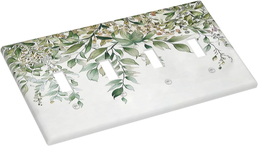 Light Switch Covers Sage Green Eucalyptus Watercolor Plant Leaves Quad Toggle Electrical Faceplate 4 Gang Wall Plate Decorative Switch Plates for Bedroom Bathroom Decor