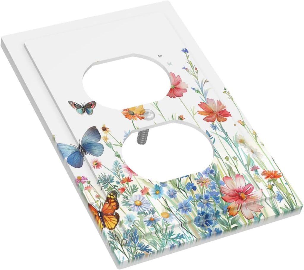 Decorative Outlet Covers Rustic Wildflower Blue Pink Floral Butterfly 1 Gang Duplex Light Switch Cover Plate Unique Wall Plates for Electrical Outlets Switch Plate Covers for Bedroom Decor