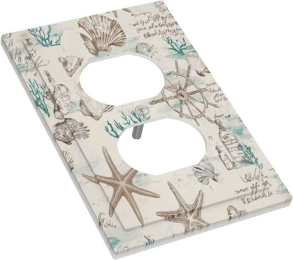 Mid Century Seashells Starfish Compass Outlet Covers 1 Gang Duplex Light Switch Cover Decorative Switch Plates Electrical Receptacle Faceplate Wall Plate For Nursery Kids Room Decor