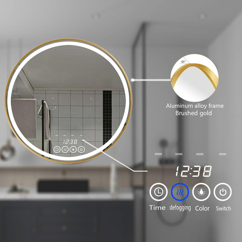 28 Inch Wall-Mounted Round Bathroom Mirror with LED-Lights - Frame Vanity Mirrors (28" x 28", Gold)