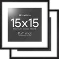 Homeforia 15x15 Black Wood Frame, High End Oak 15 x 15 Square Picture Frames with Mat 11 by 11 inches Photo, 15by15 Black Wooden Poster Frames Matted to 11x11 Print, Tempered Glass, Wall Kit, Set of 2