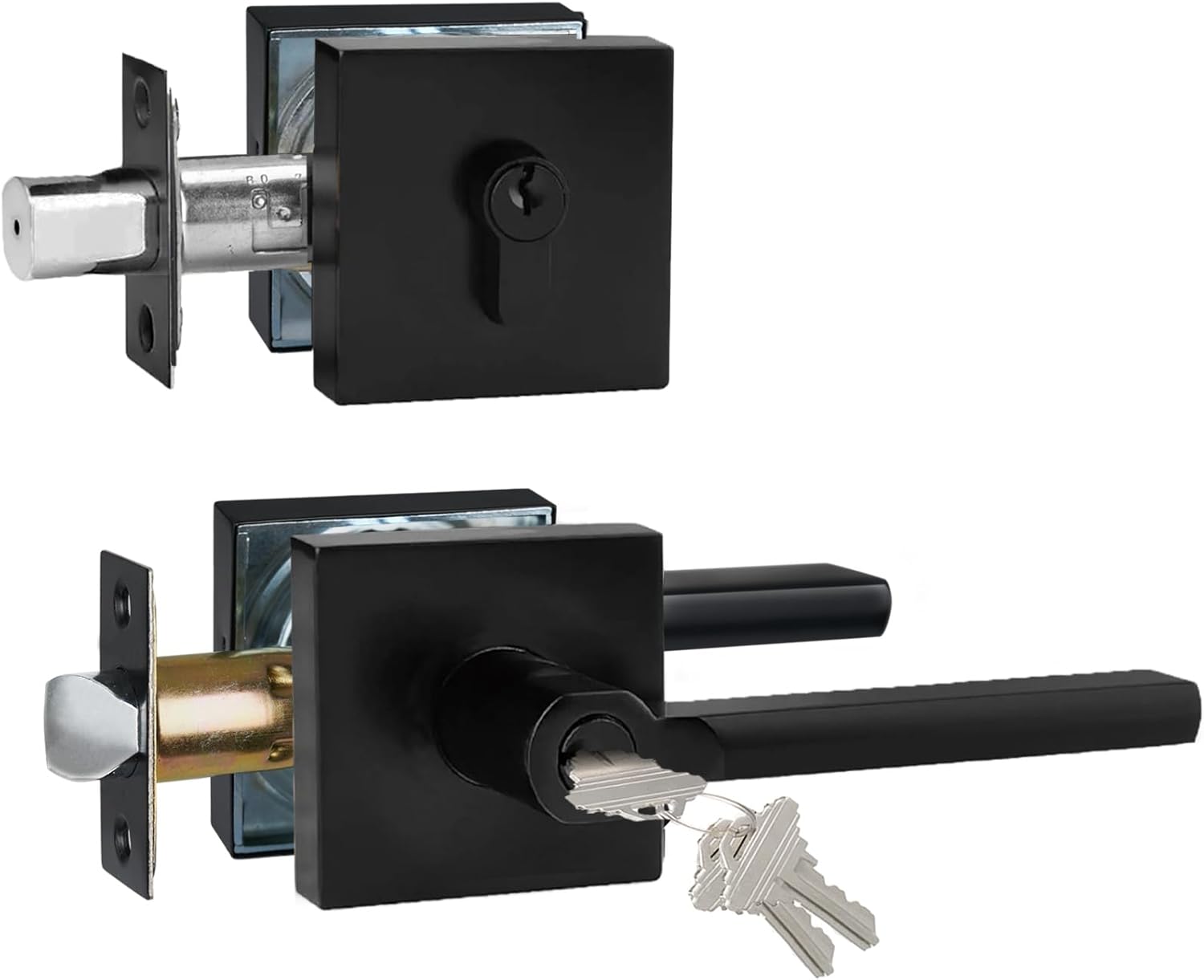 Keyed Entry Door Handle with Single Cylinder Deadbolt Combo, Keyed Alike(Same Keys Only Per Set) Front Door/Exterior Door Lever Lockset, Matte Black, 1 Set