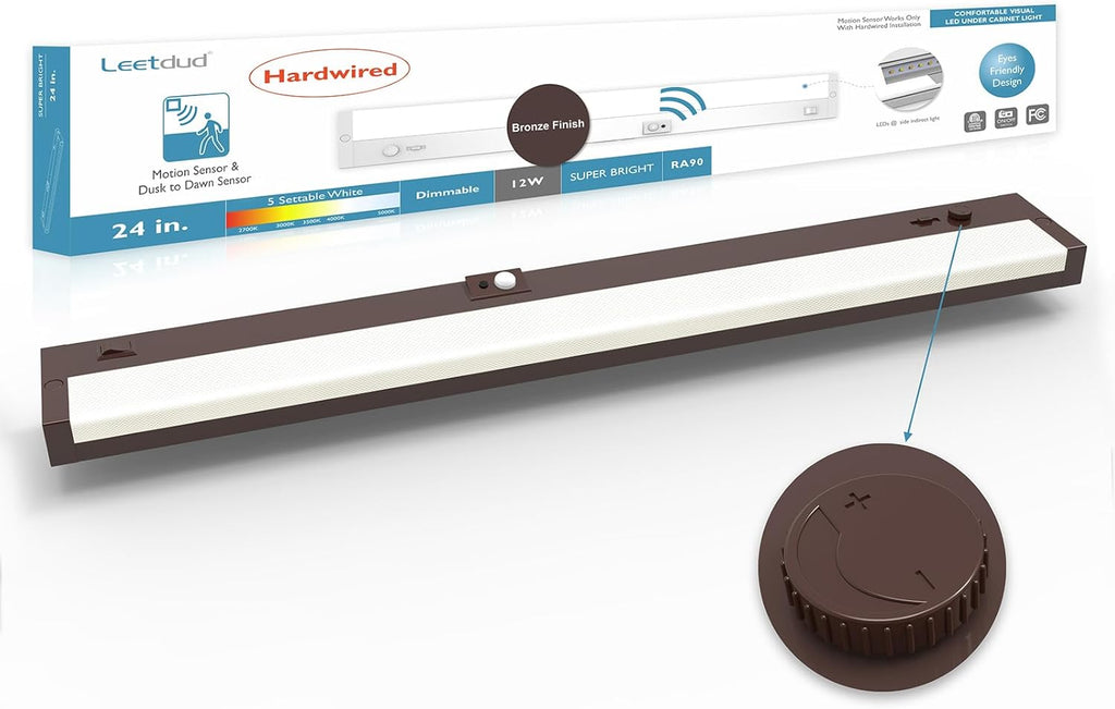 LED Under Cabinet Lighting Motion Sensored Hardwired with Built-in Dimmer, 24 Inch 12W Dimmable 5 Color 2700/3000/3500/4000/5000K, Linkable Eyes Care for Kitchen, Counter, ETL Listed, Bronze