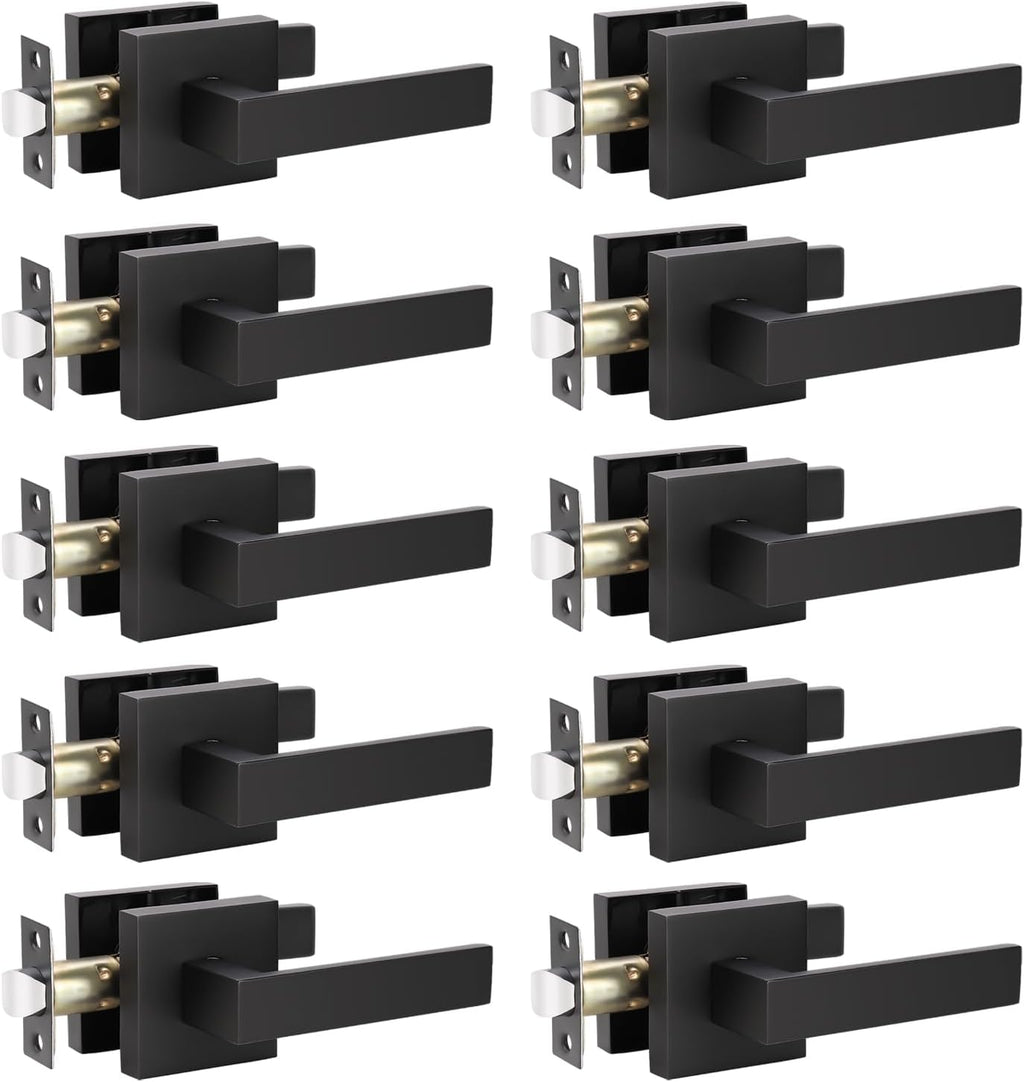 KNOBWELL 10 Pack Premium Matte Black Door Handle Passage Lever Heavy Duty Handleset, Closet Door Handles for Left or Right Handing, Modern Square 2.07 lb Doorknob