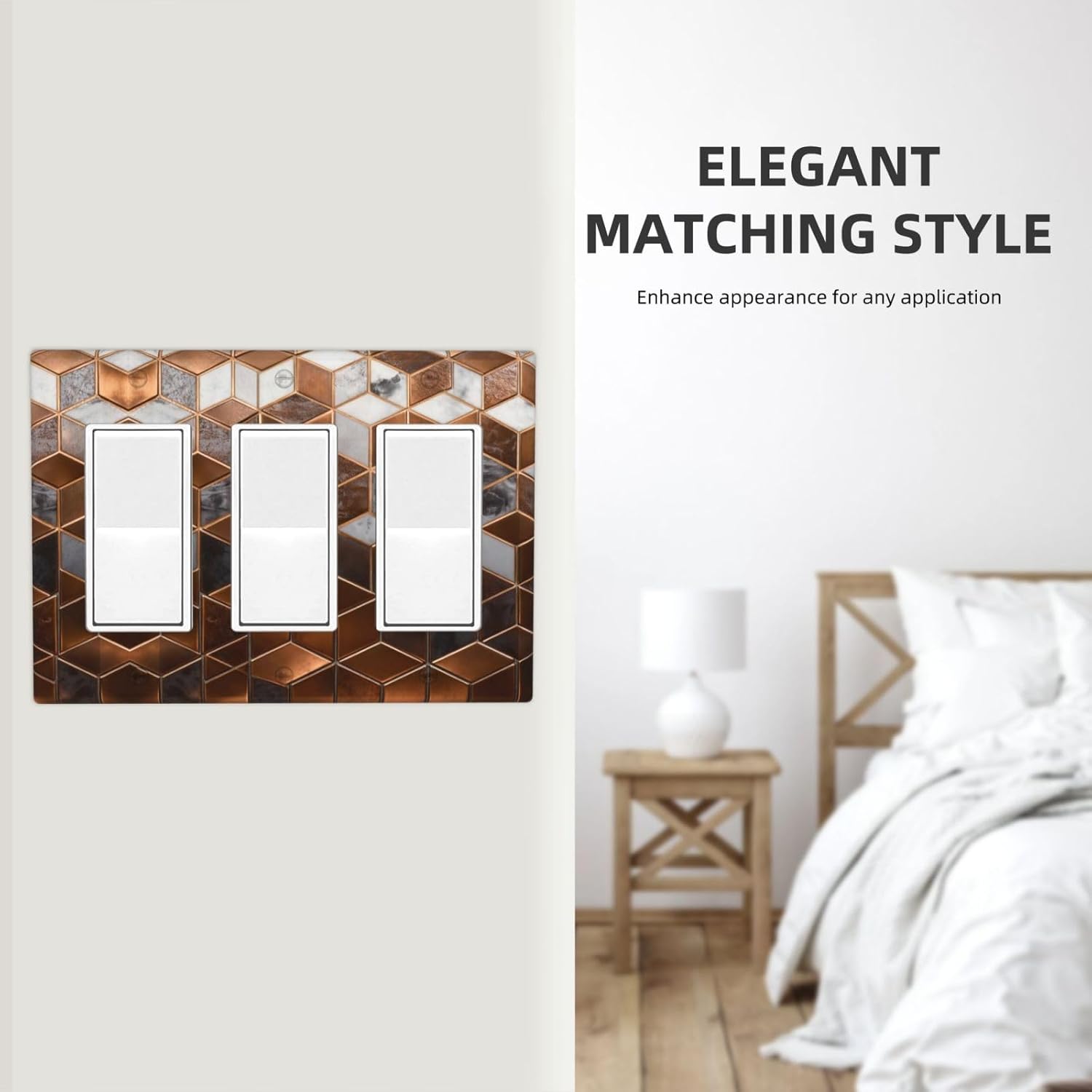 Brown Abstract Luxury Modern Geometric Cubic Marble 3 Gang Triple Rocker Decorative Light Switch Covers Electrical Faceplate Switch Plates for Bathroom Kitchen Home