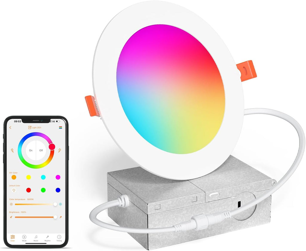 Smart Recessed Lighting 4 Inch RGBCW Color Changing 12W LED Downlight with Junction Box,1000 Lumen Recessed Ceiling Light Compatible with Alexa,Dimmable by Bluetooth Control -1Pack