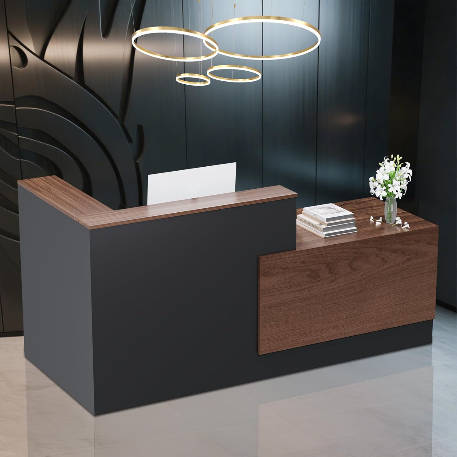 L-Shaped Modern Reception Desk with Counter & Storage - 84" Large Office Front Desk, Salon Checkout Counter with Lockable Cabinets, Shelves (Brown & Black, Left - 84''L x 34''W x 41''H)